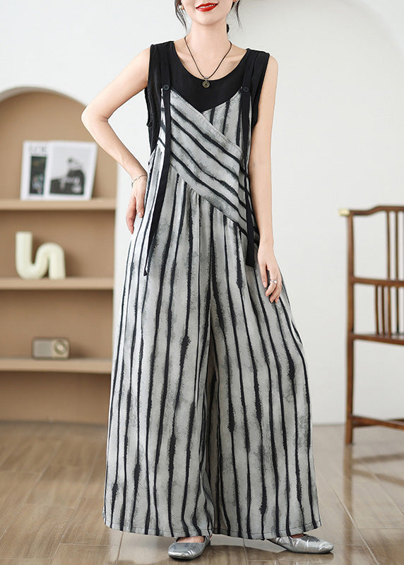 French Grey Oversized Striped Jumpsuits Summer