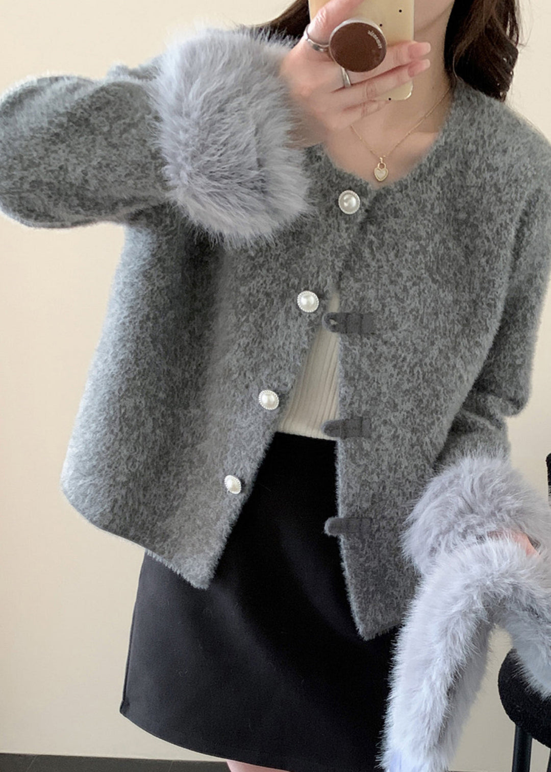 French Grey Patchwork Button Mink Hair Knitted Coats Fall