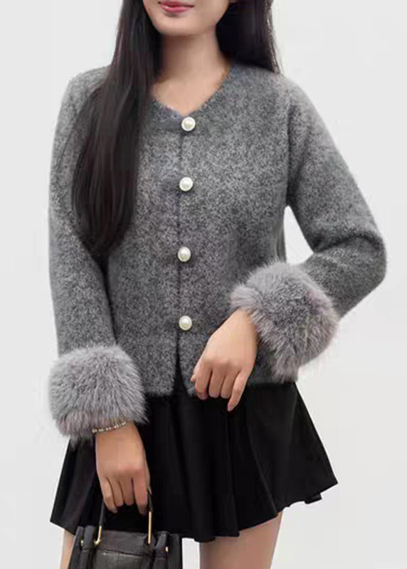 French Grey Patchwork Button Mink Hair Knitted Coats Fall
