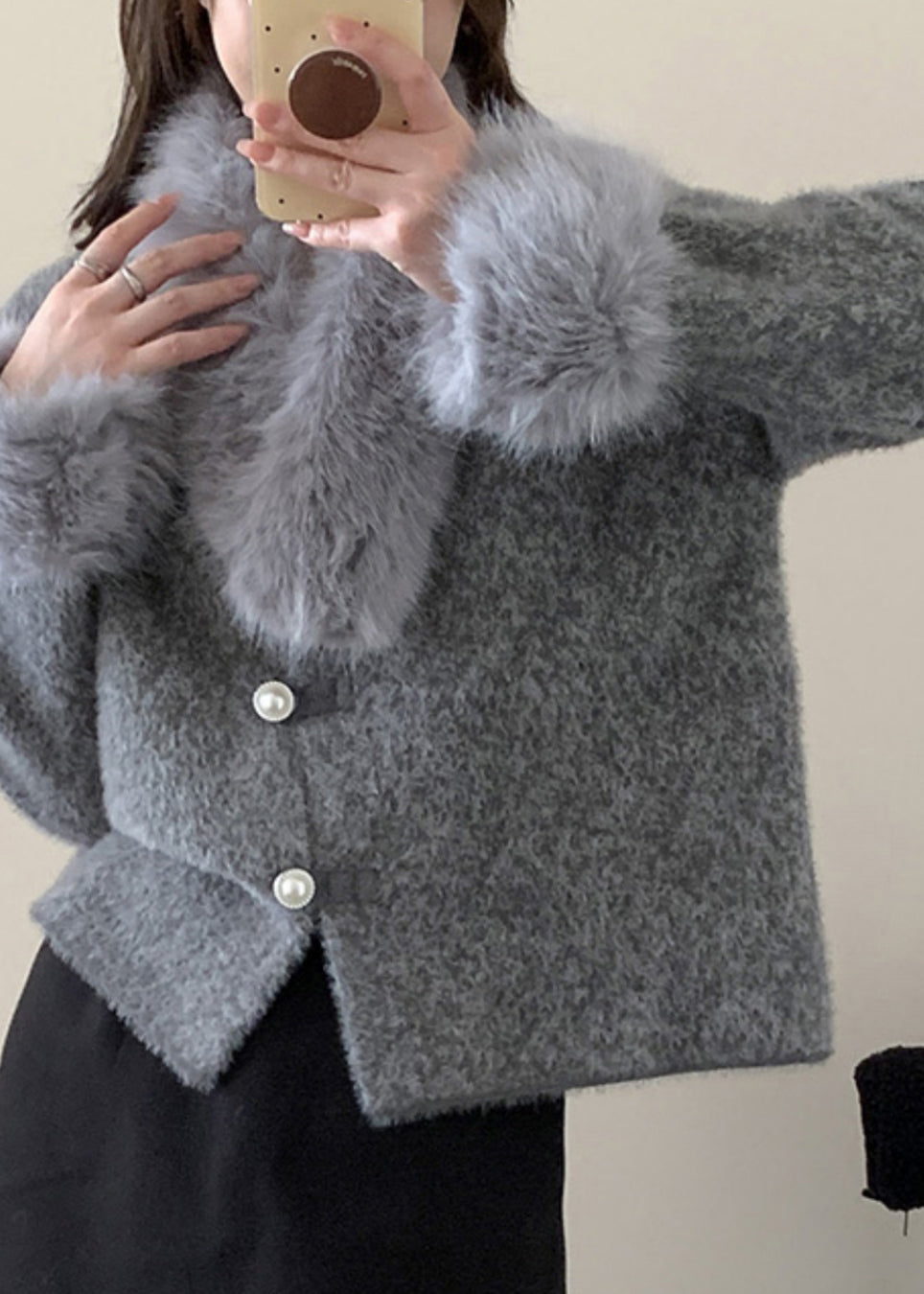French Grey Patchwork Button Mink Hair Knitted Coats Fall
