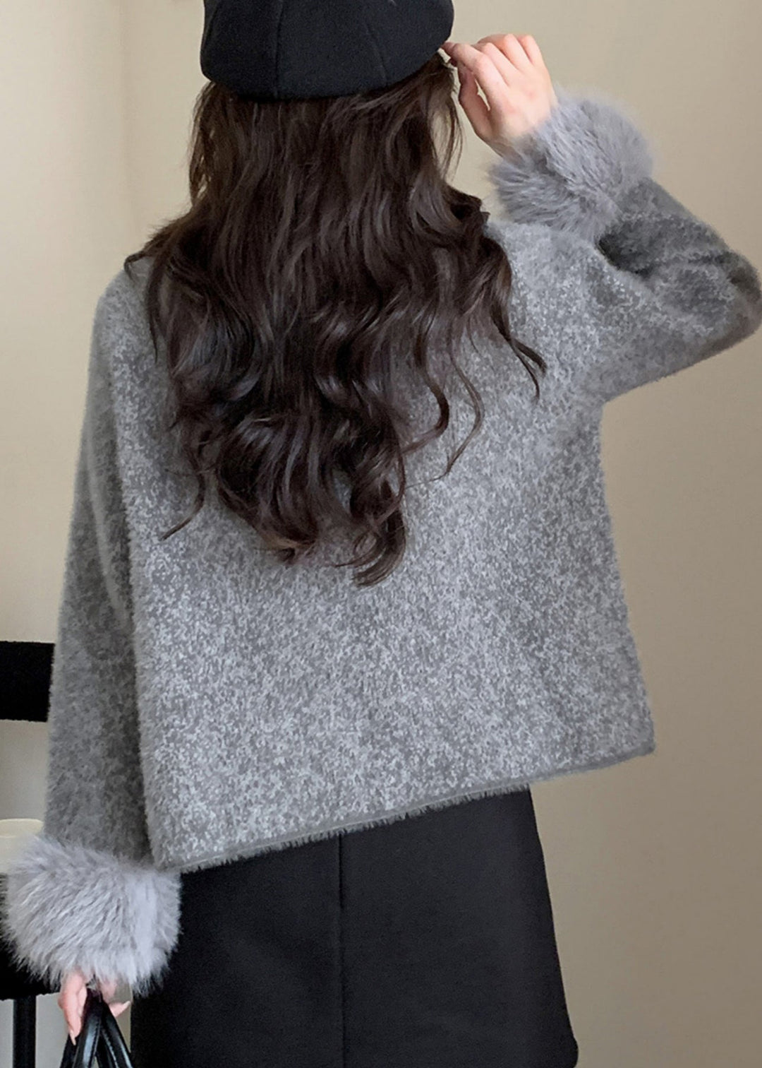 French Grey Patchwork Button Mink Hair Knitted Coats Fall