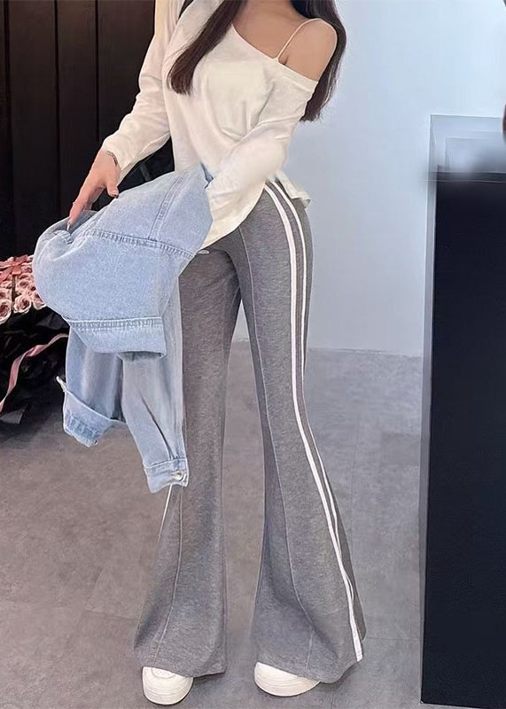 French Grey Patchwork Striped Cotton Flared Trousers Fall