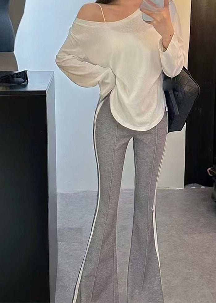 French Grey Patchwork Striped Cotton Flared Trousers Fall