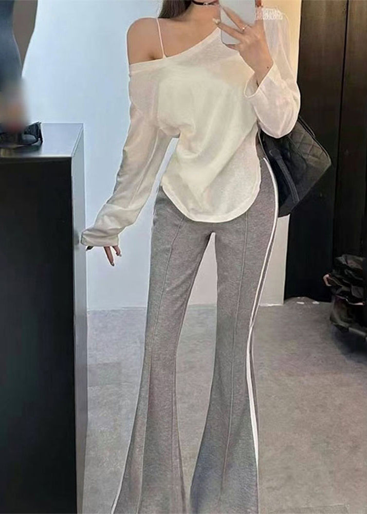 French Grey Patchwork Striped Cotton Flared Trousers Fall
