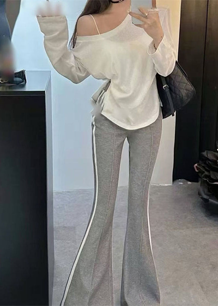 French Grey Patchwork Striped Cotton Flared Trousers Fall
