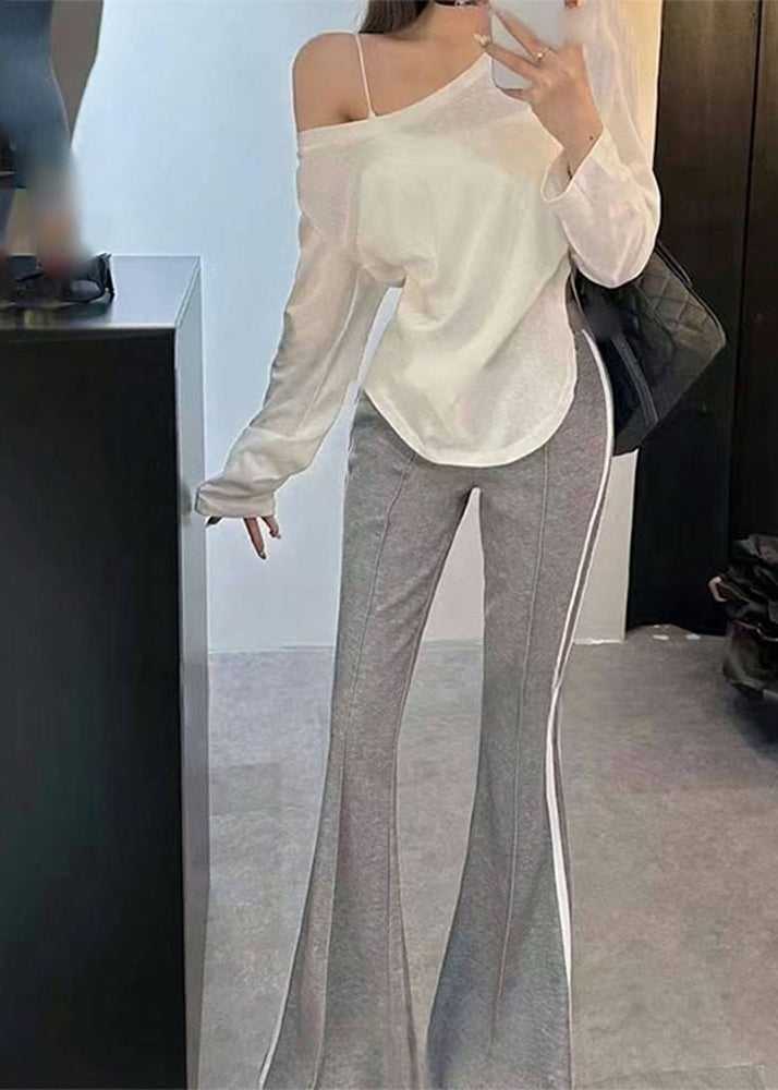 French Grey Patchwork Striped Cotton Flared Trousers Fall