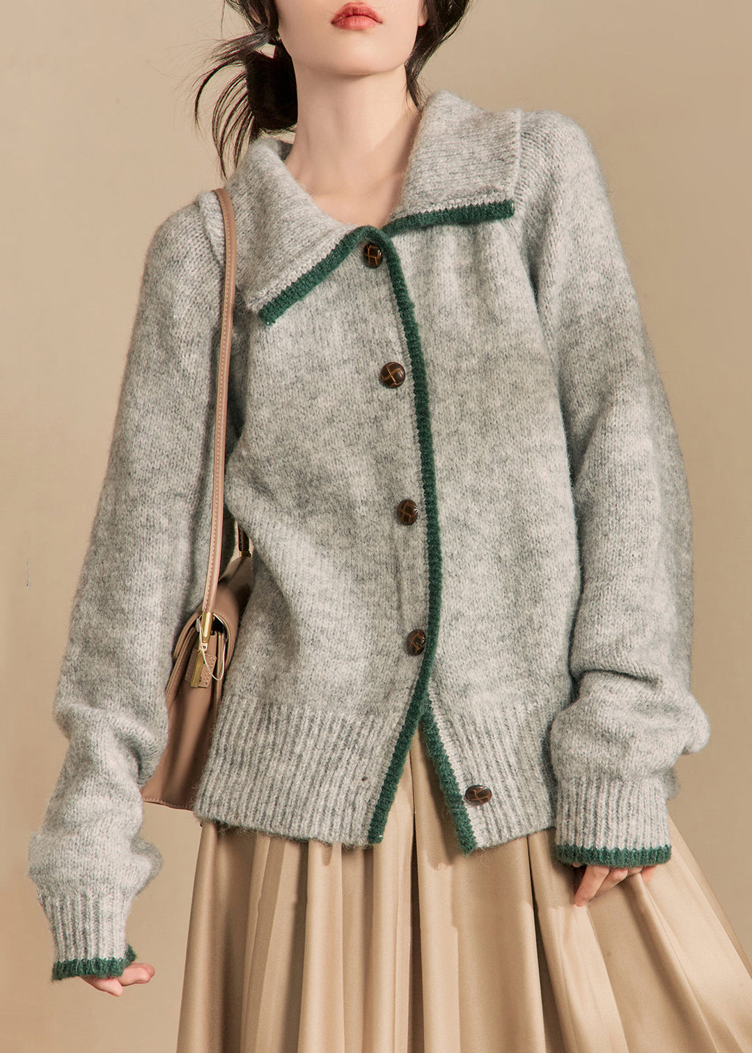 French Grey Peter Pan Collar Button Knit Cardigan Winter