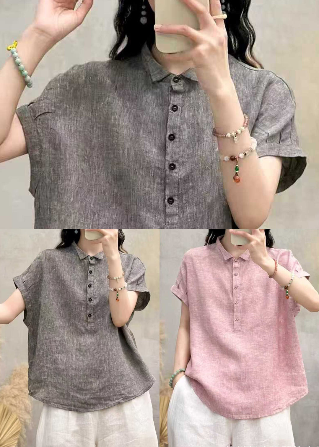 French Grey Peter Pan Collar Linen Loose Shirt Top Summer