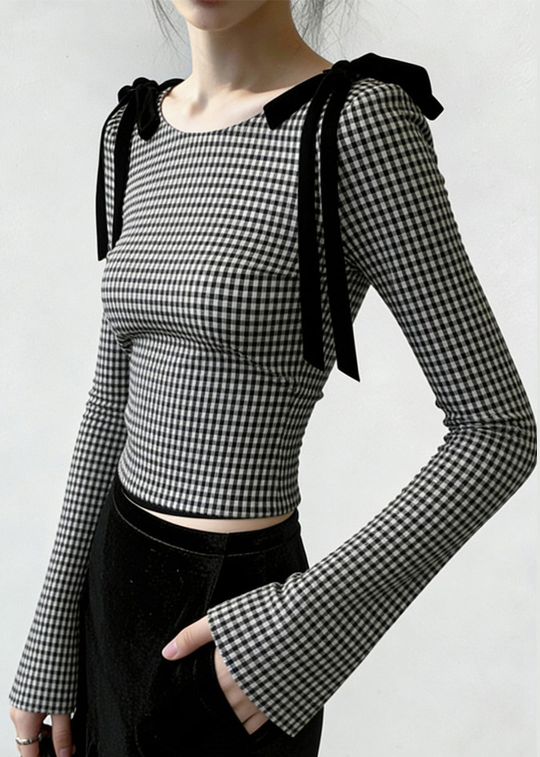 French Grey Plaid Bow Silm Fit Blouses Flare Sleeve