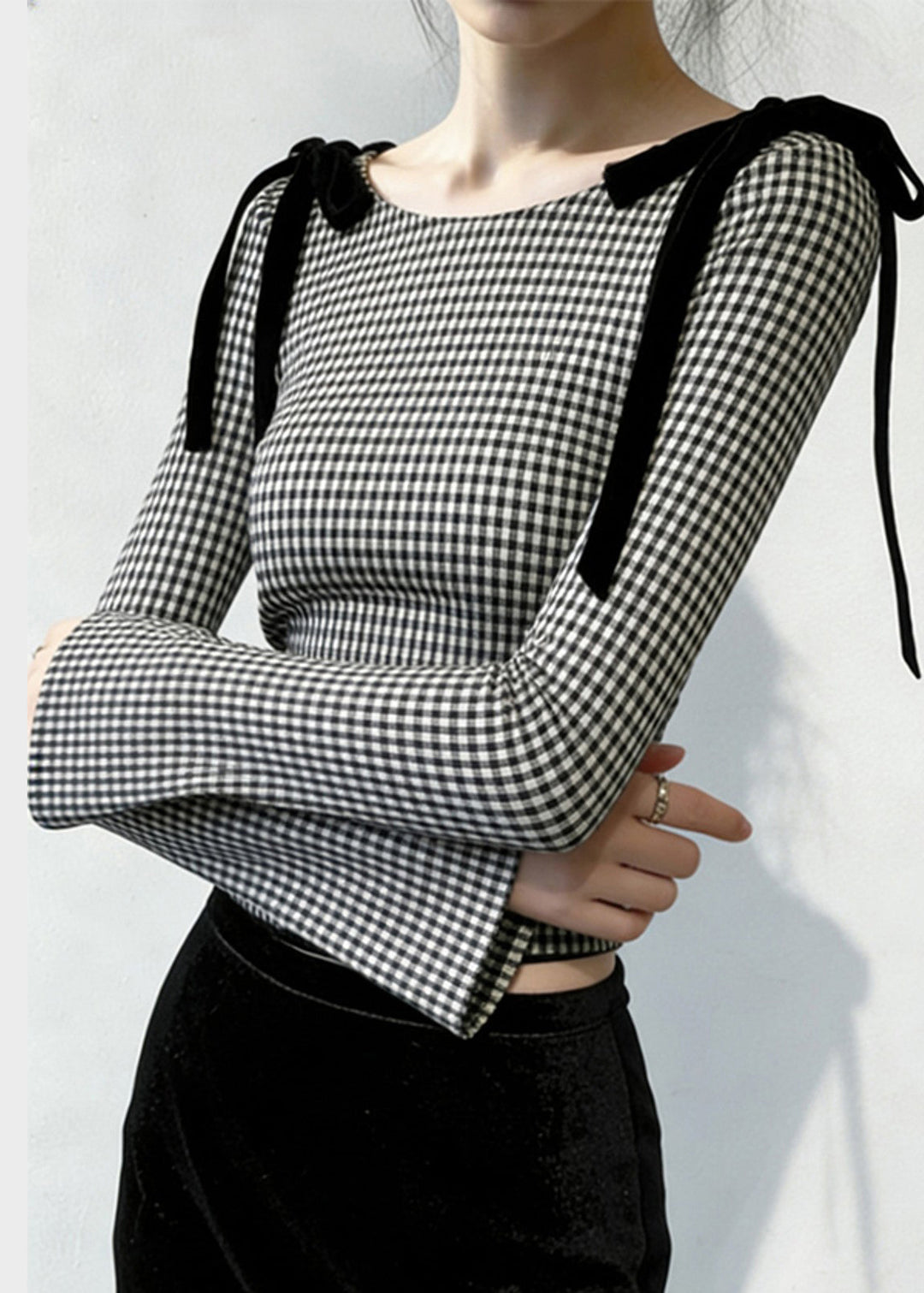 French Grey Plaid Bow Silm Fit Blouses Flare Sleeve