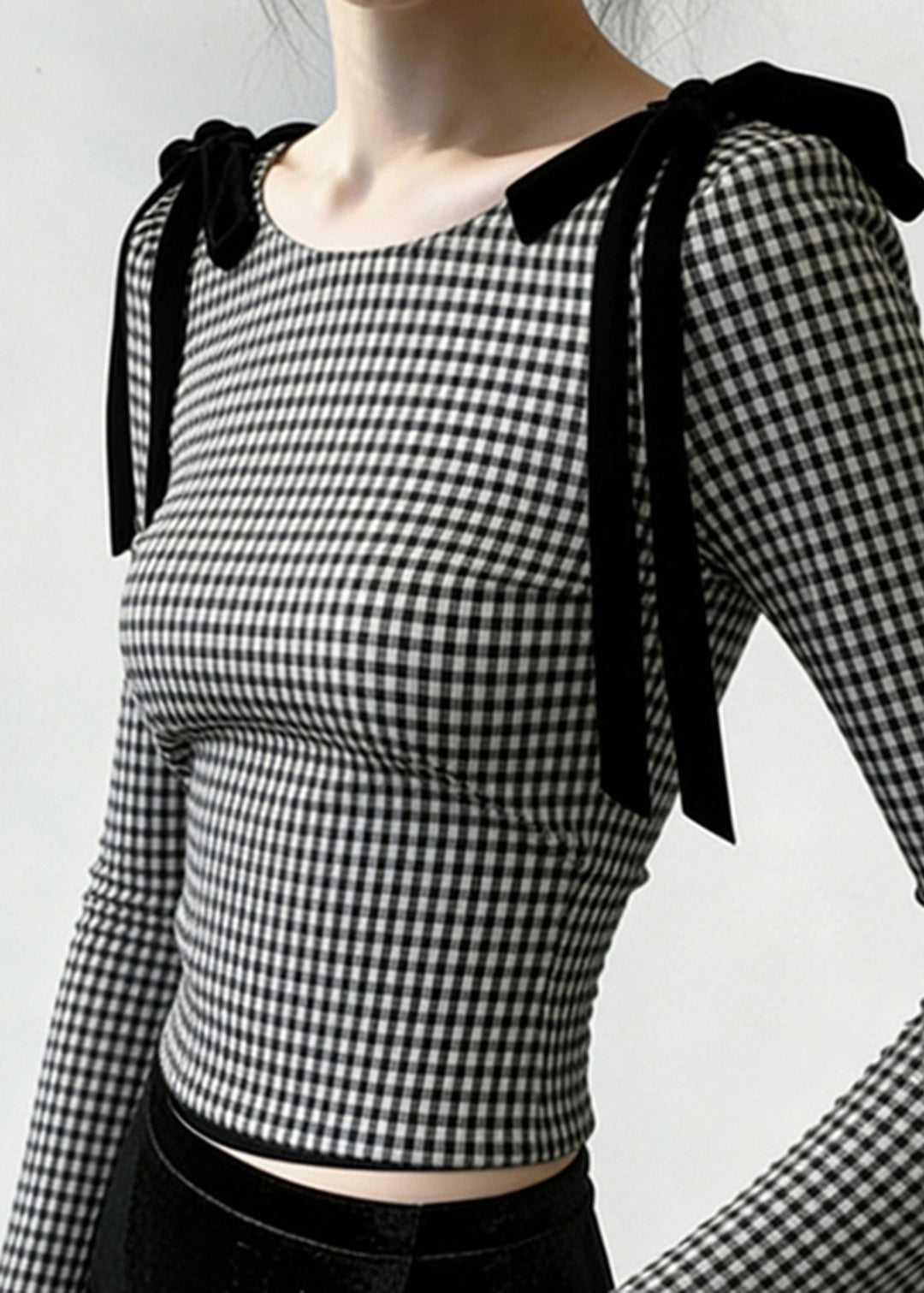 French Grey Plaid Bow Silm Fit Blouses Flare Sleeve