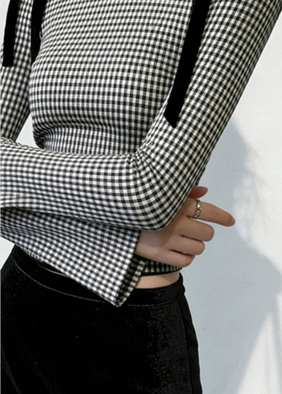 French Grey Plaid Bow Silm Fit Blouses Flare Sleeve