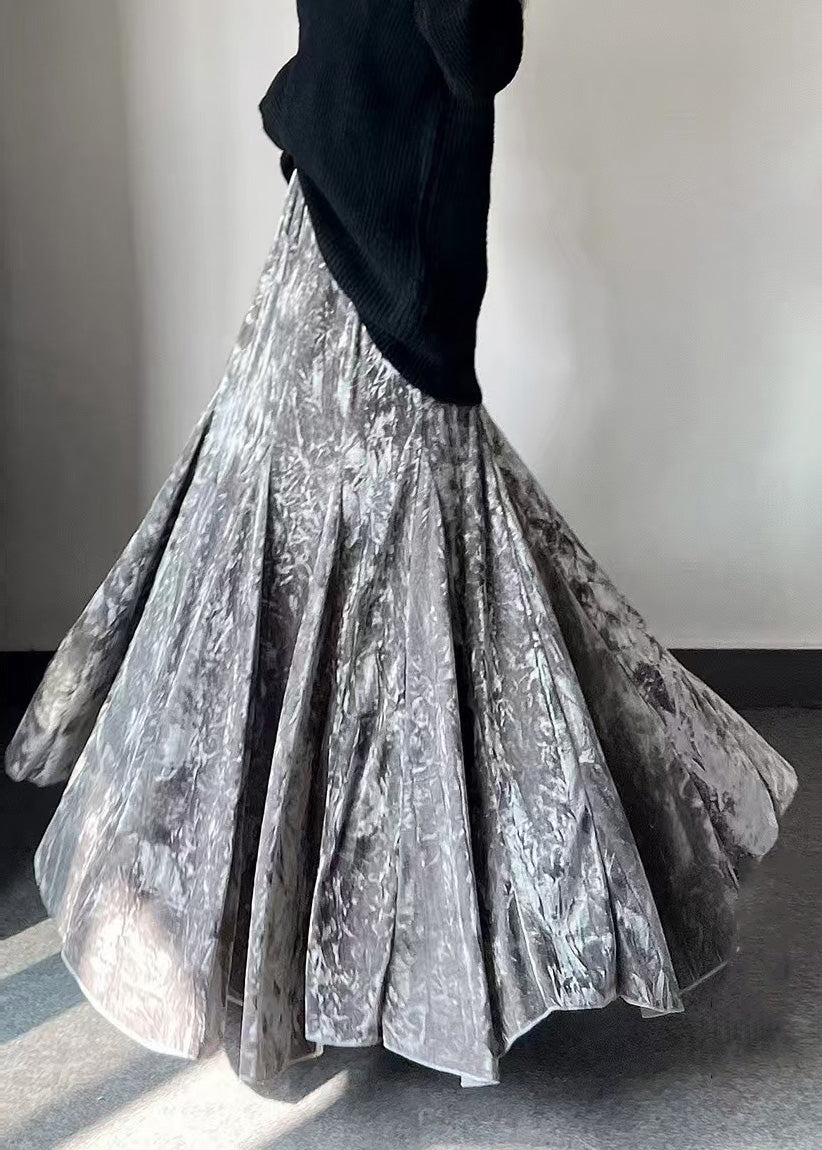 French Grey Print Exra Large Hem Silk Velvet Skirts Spring