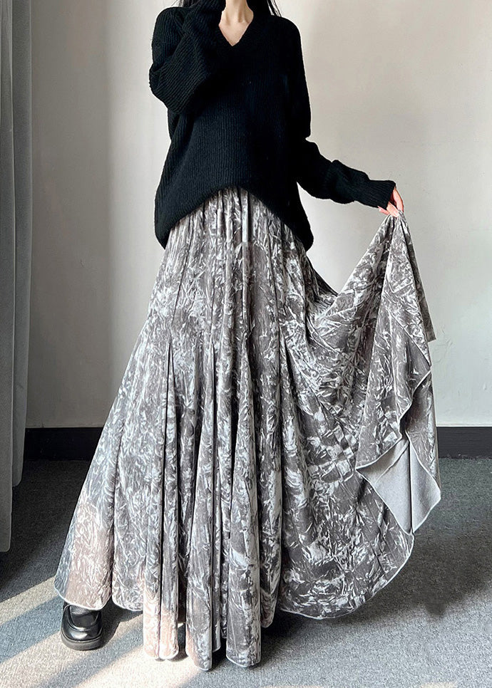 French Grey Print Exra Large Hem Silk Velvet Skirts Spring