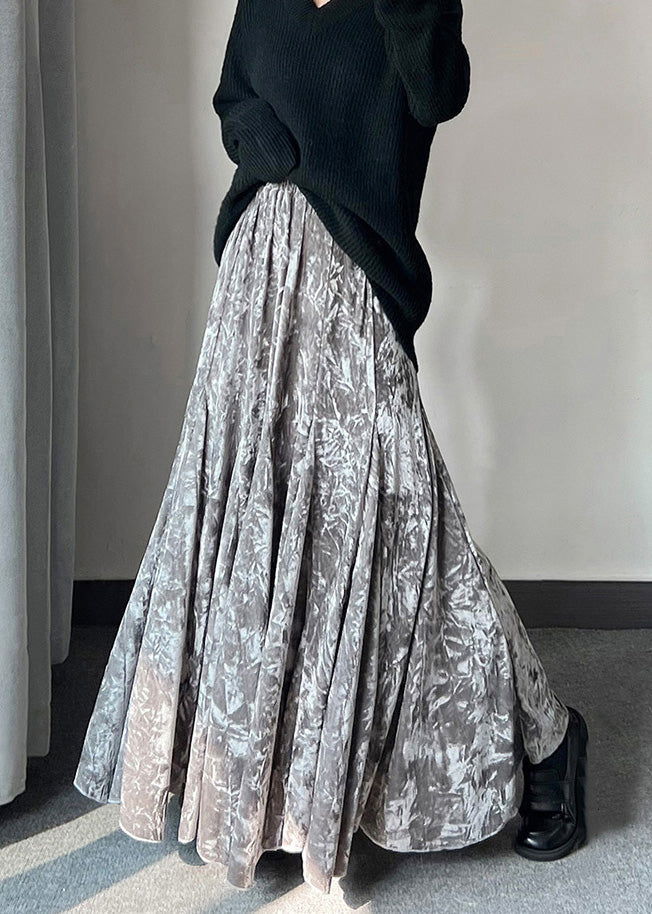 French Grey Print Exra Large Hem Silk Velvet Skirts Spring