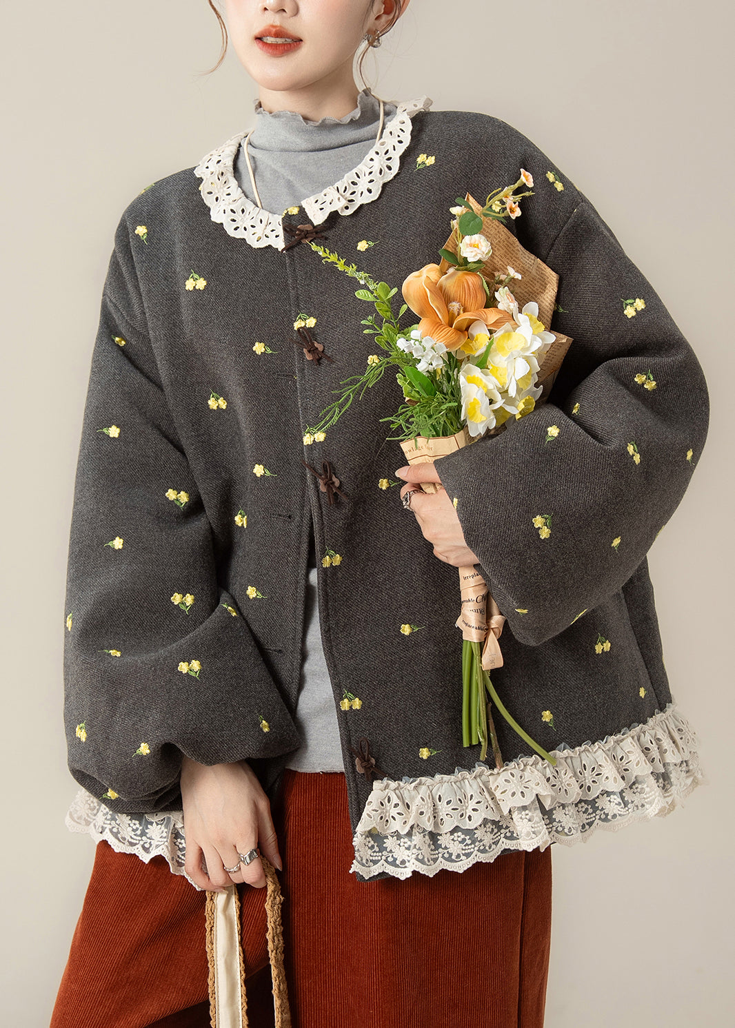 French Grey Print Lace Patchwork Fine Cotton Filled Coats Winter