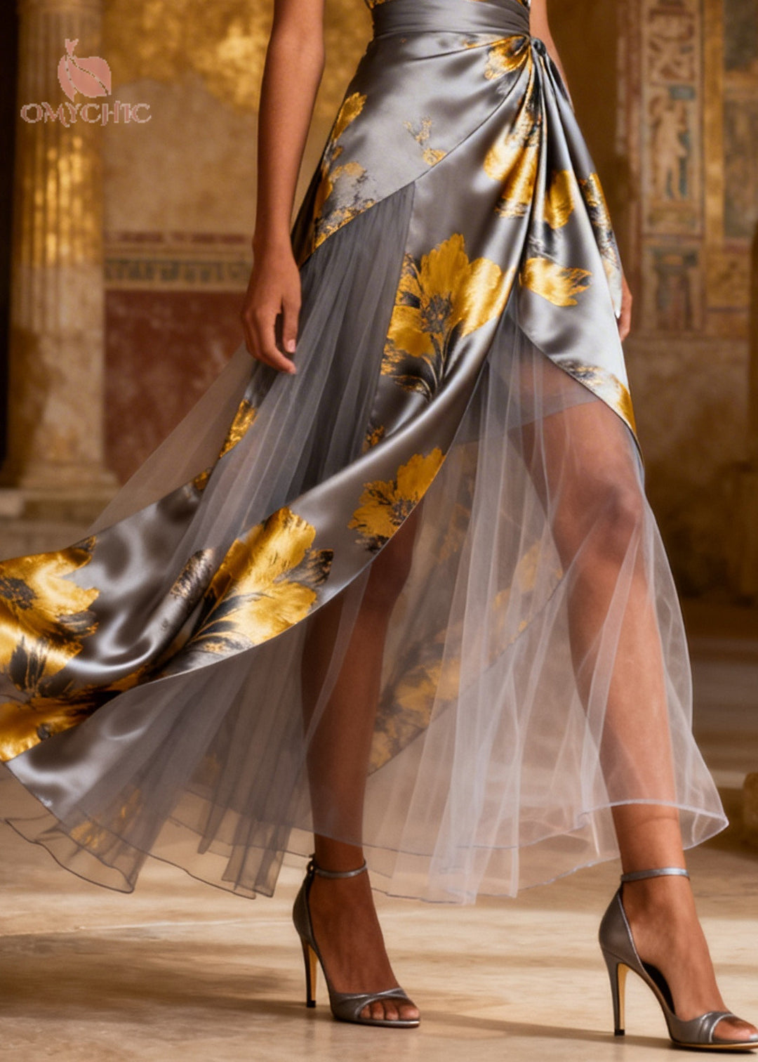 French Grey Print Patchwork Tulle Silk Dinner Dress Summer
