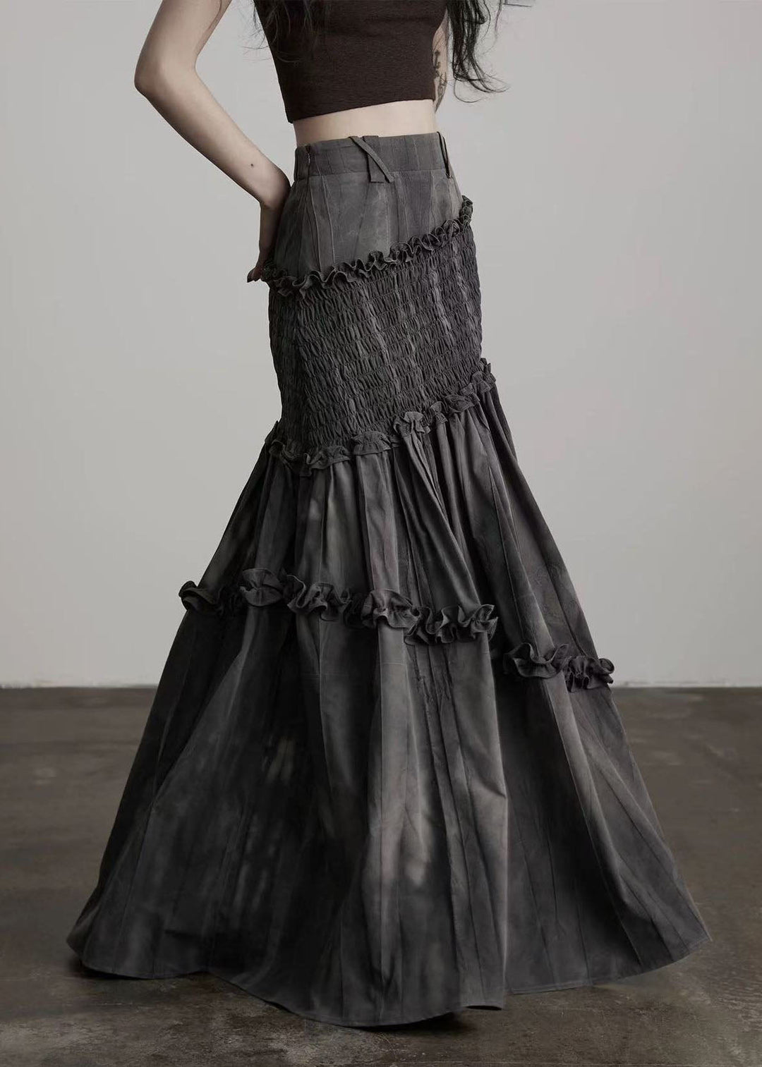 French Grey Ruffled Patchwork Cotton Wraped Skirts Spring