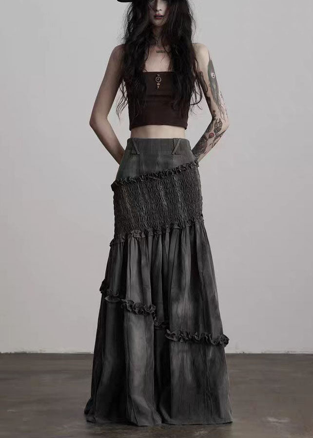 French Grey Ruffled Patchwork Cotton Wraped Skirts Spring