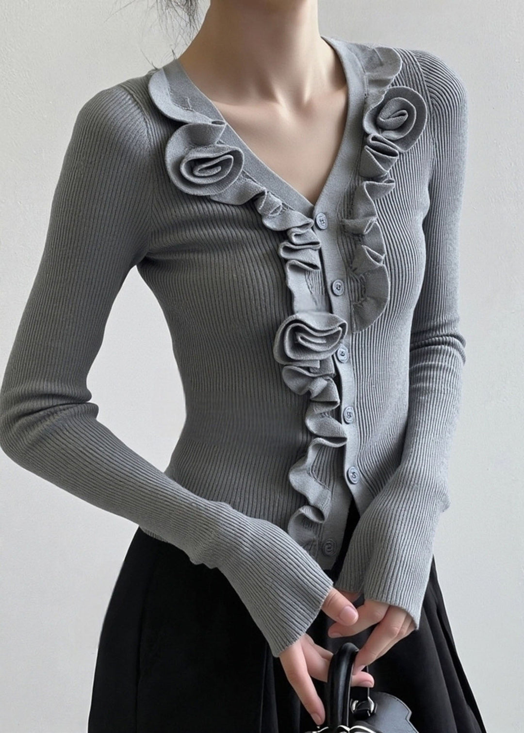 French Grey Ruffled Patchwork Knit Short Sweater Fall