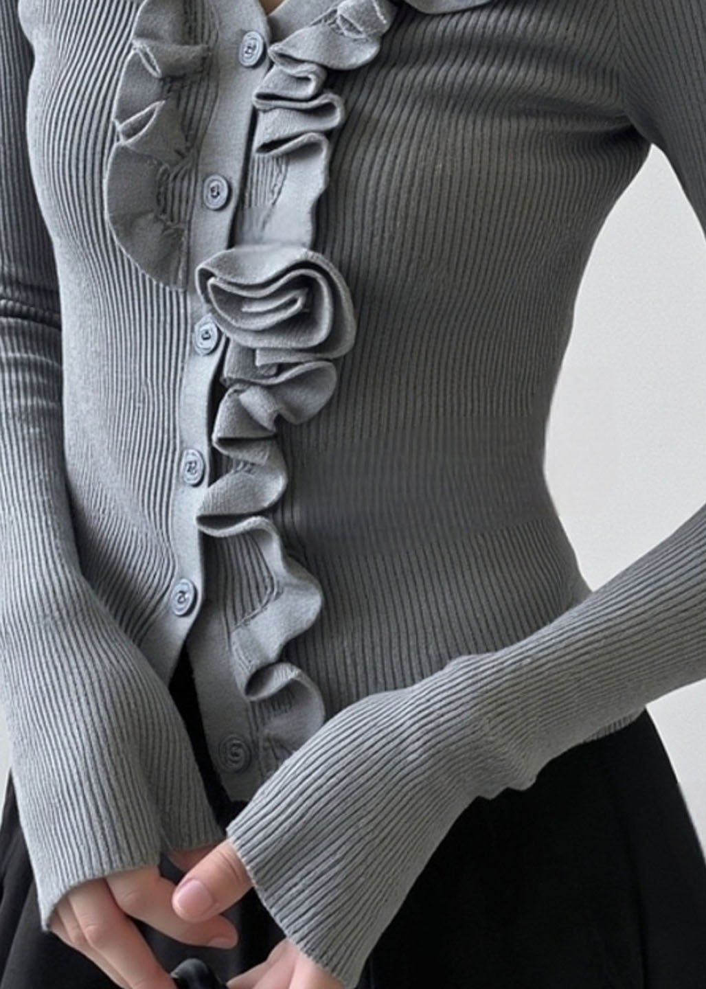 French Grey Ruffled Patchwork Knit Short Sweater Fall