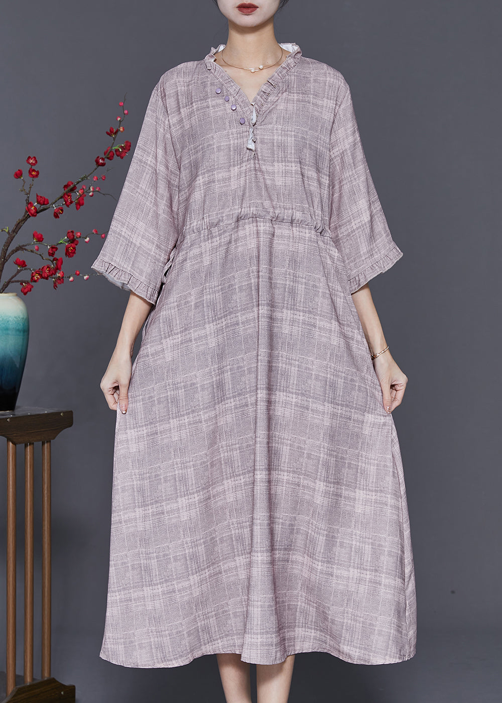 French Grey Ruffled Plaid Drawstring Cotton Long Dress Summer