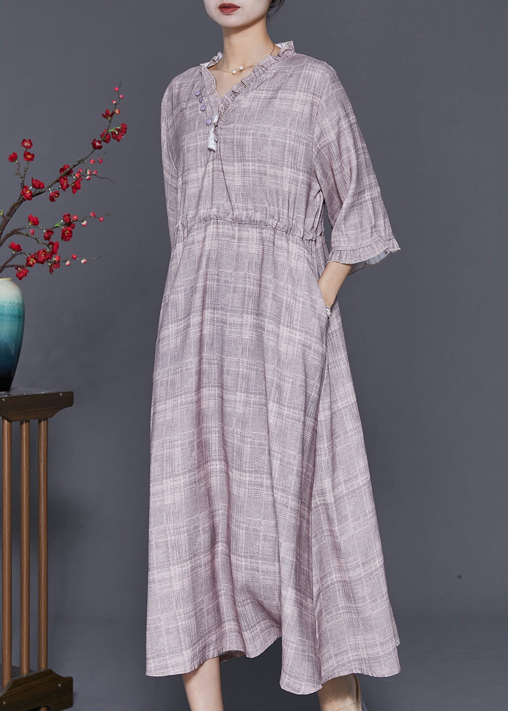 French Grey Ruffled Plaid Drawstring Cotton Long Dress Summer