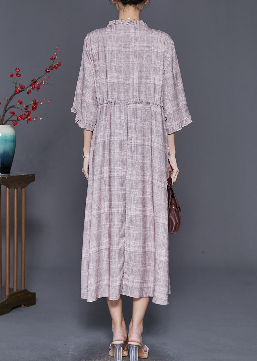 French Grey Ruffled Plaid Drawstring Cotton Long Dress Summer