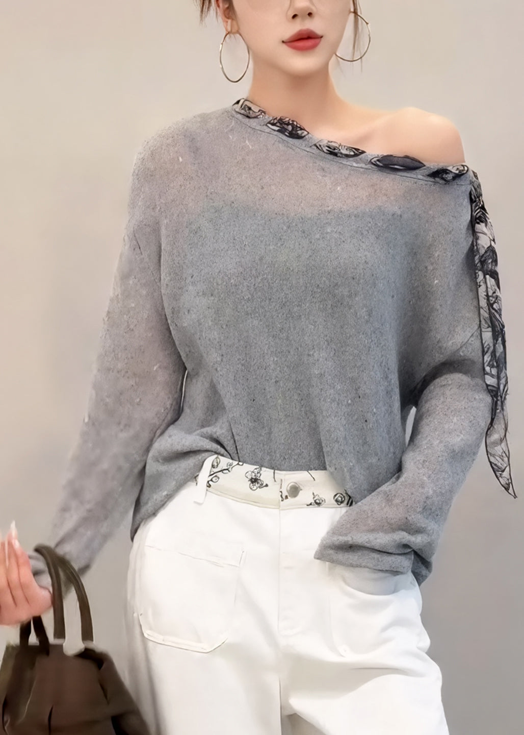 French Grey Slash Neck Patchwork Knit Blouse Top Fall