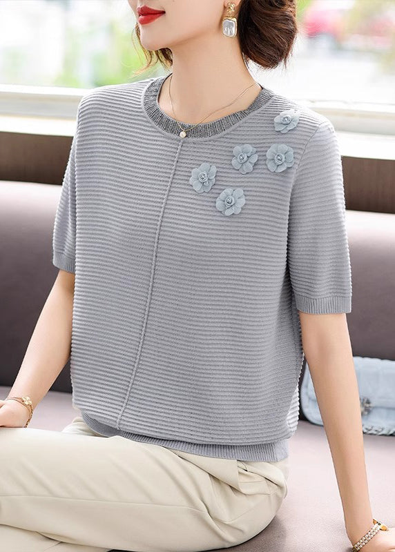 French Grey Striped Floral Ice Silk Top Short Sleeve