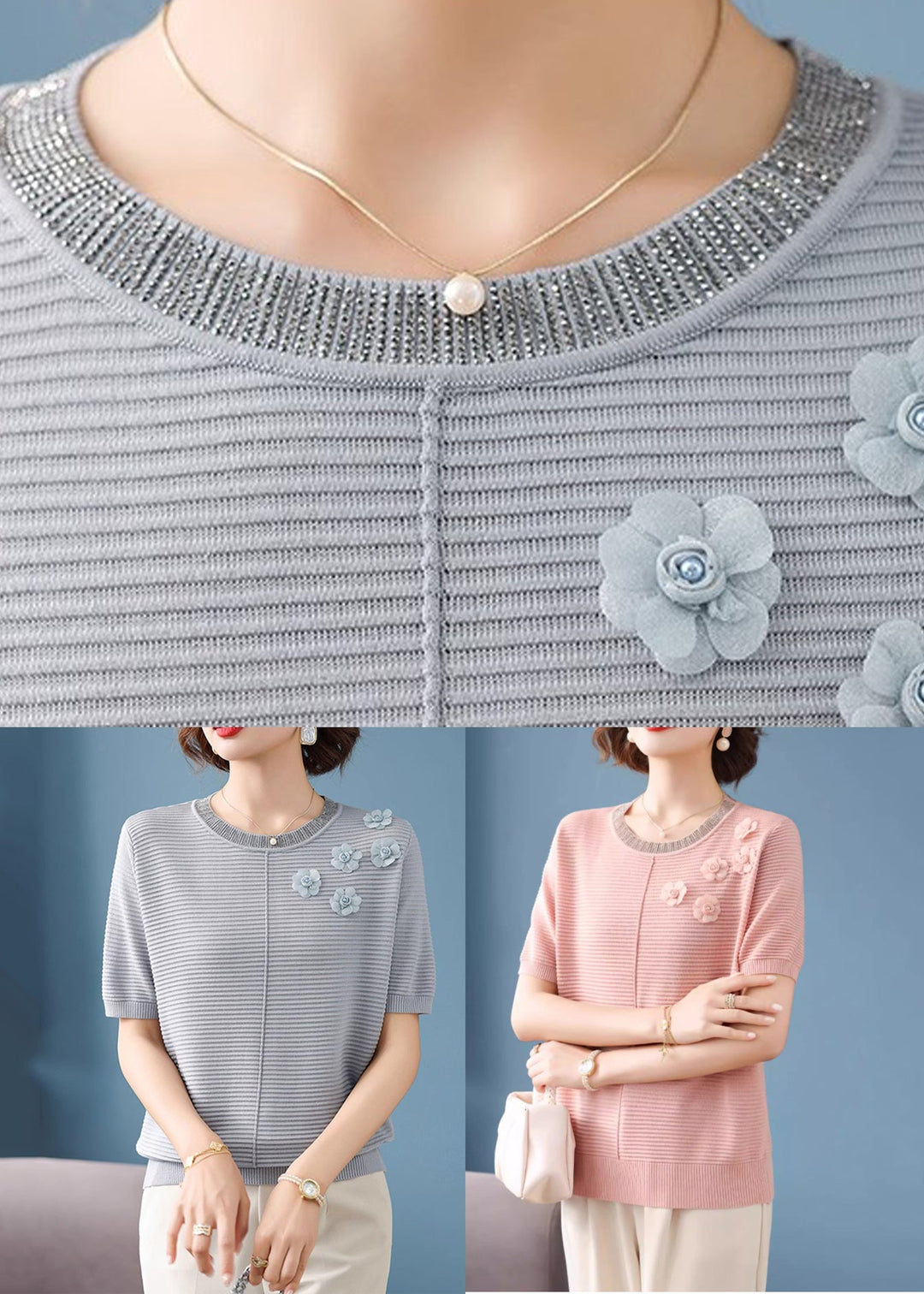 French Grey Striped Floral Ice Silk Top Short Sleeve