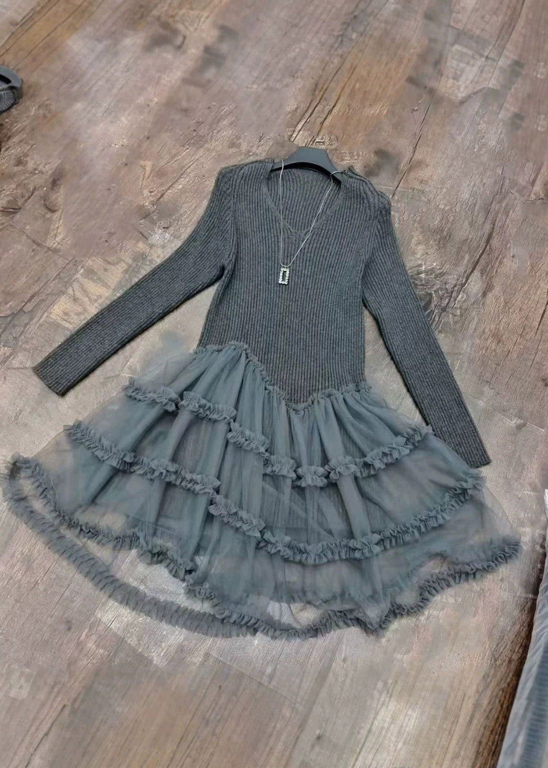 French Grey Tulle Patchwork Long Cotton Knit Sweater Dress Long Sleeve