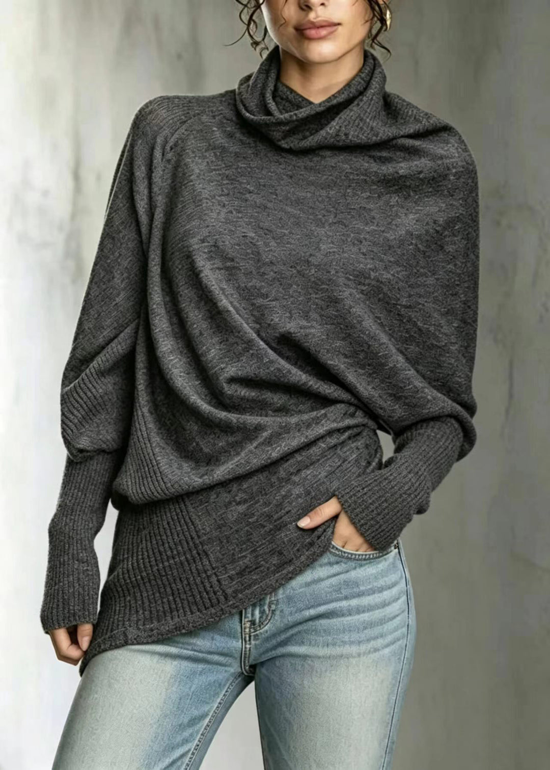 French Grey Turtleneck Asymmetrical Knit Sweaters Batwing Sleeve