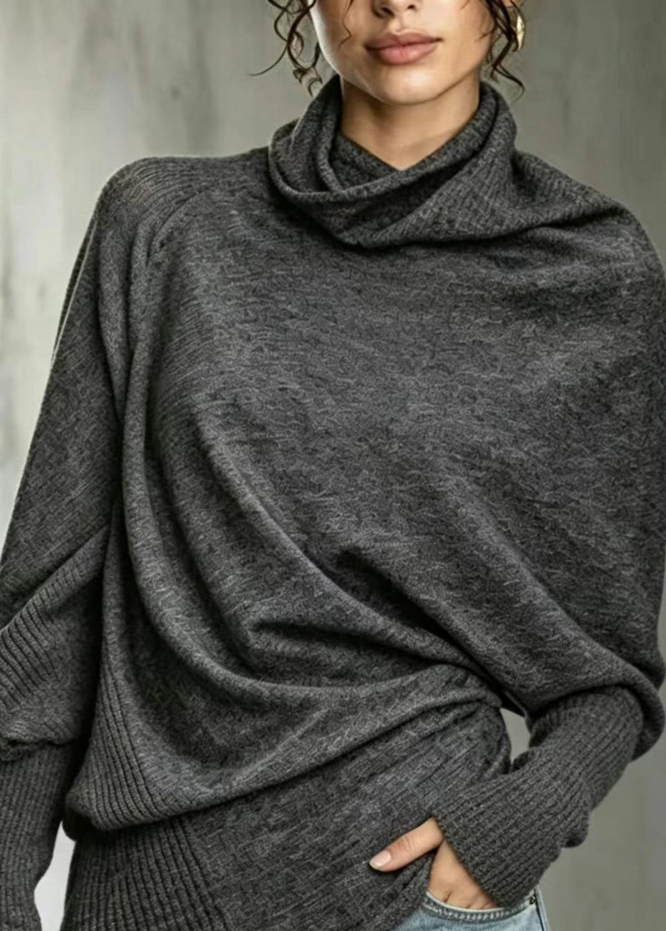 French Grey Turtleneck Asymmetrical Knit Sweaters Batwing Sleeve