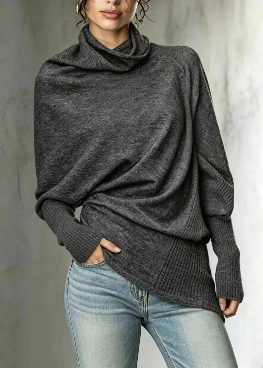 French Grey Turtleneck Asymmetrical Knit Sweaters Batwing Sleeve