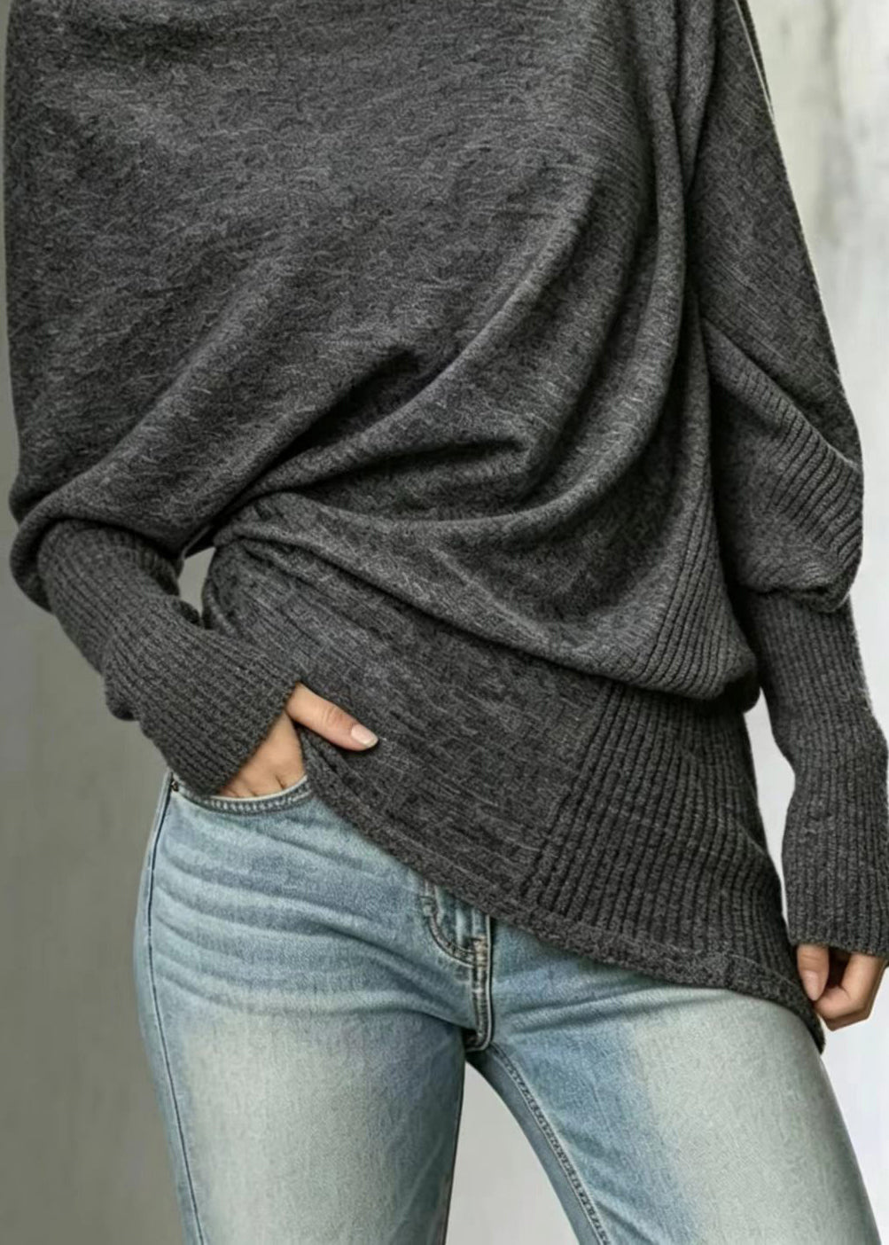 French Grey Turtleneck Asymmetrical Knit Sweaters Batwing Sleeve