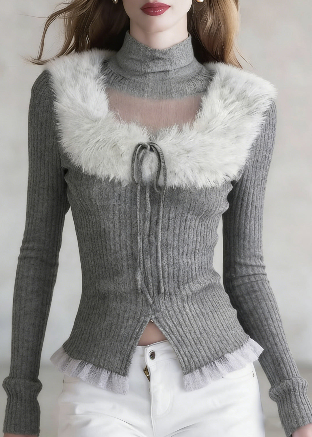 French Grey Turtleneck Patchwork Cotton Knit Sweaters Spring