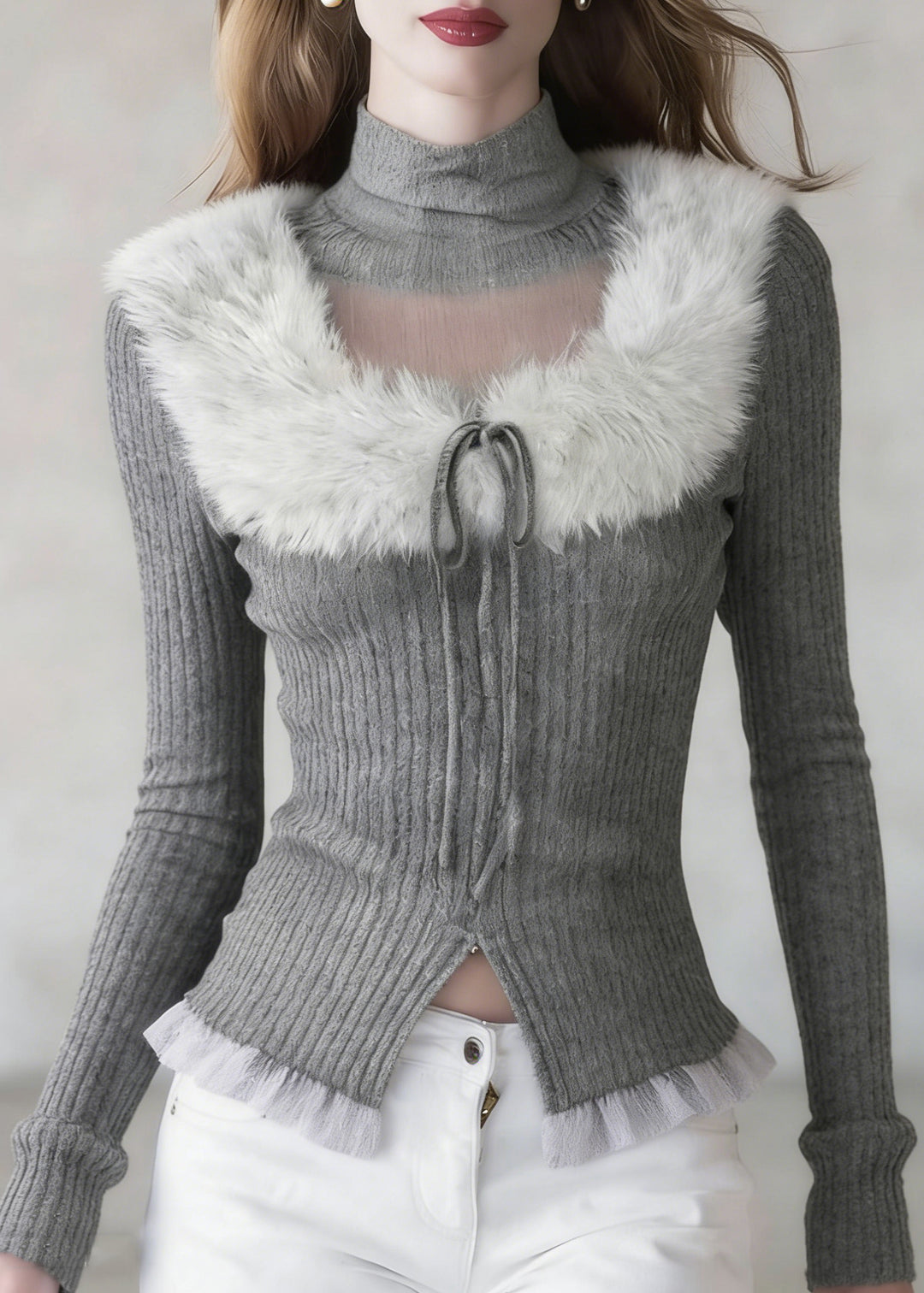 French Grey Turtleneck Patchwork Cotton Knit Sweaters Spring