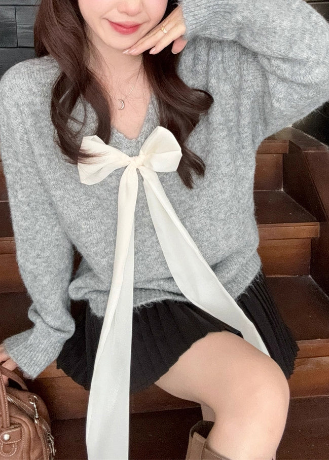 French Grey V Neck Bow Knit Sweaters Spring
