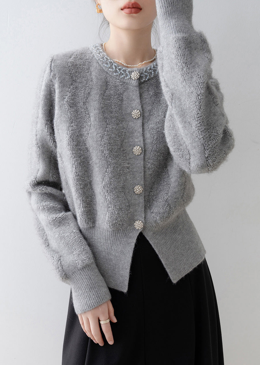 French Grey V Neck Button Knit Cardigans Spring
