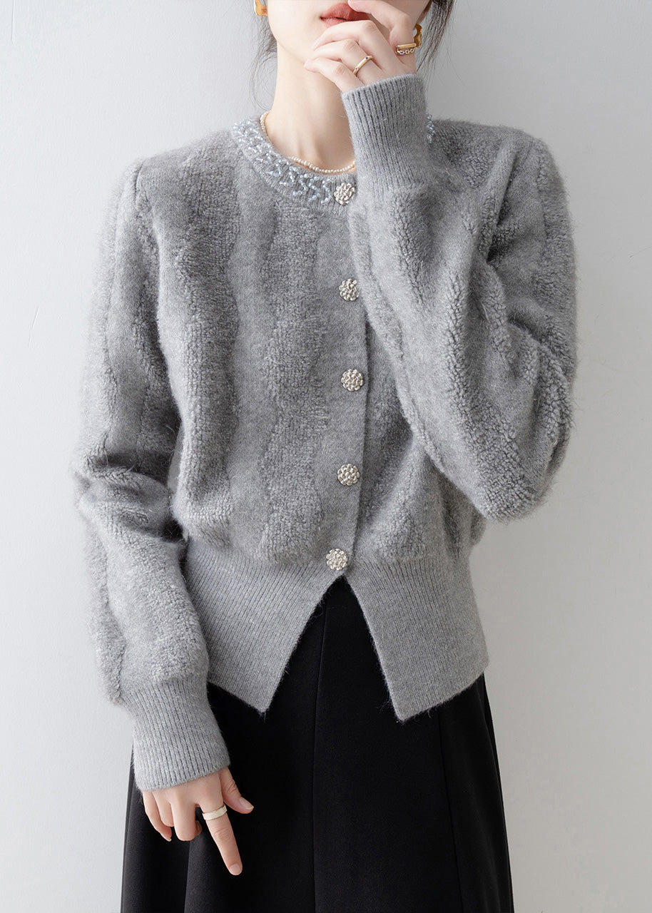 French Grey V Neck Button Knit Cardigans Spring