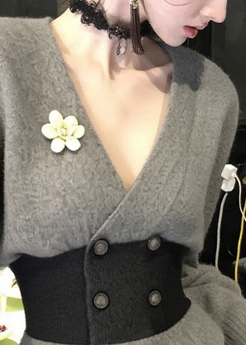 French Grey V Neck Button Patchwork Knit Coats Winter