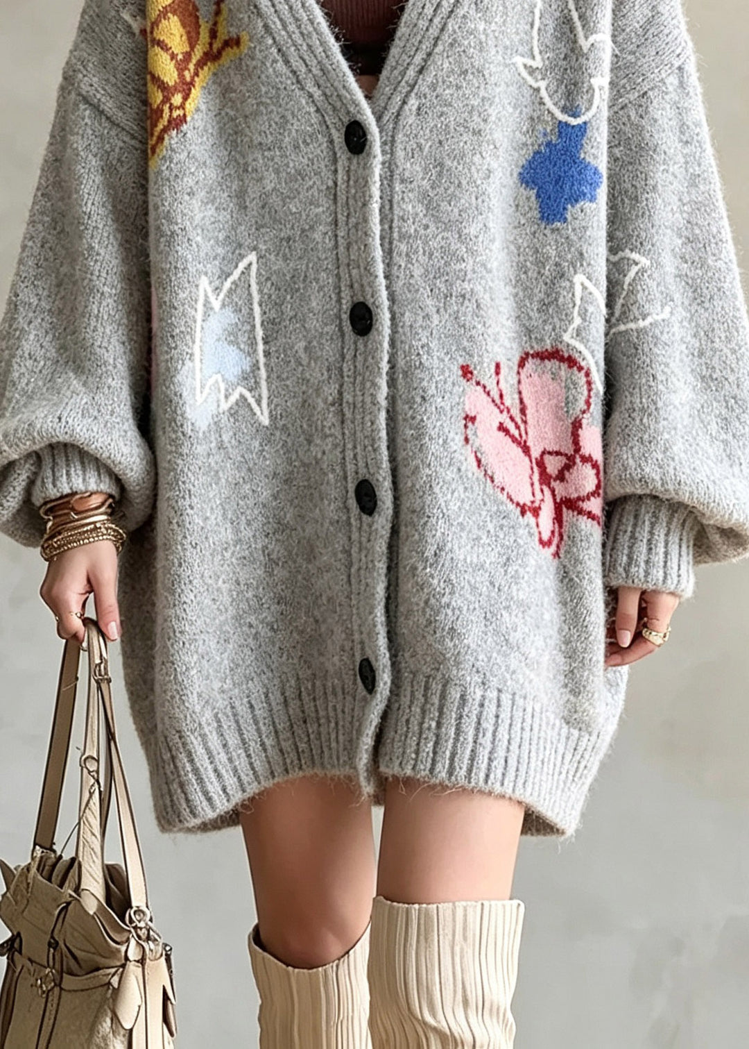 French Grey V Neck Cotton Knit Cardigans Lantern Sleeve