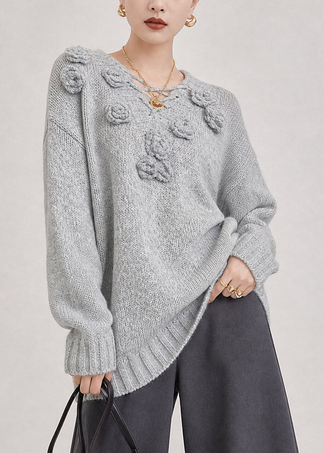 French Grey V Neck Floral Cotton Knit Sweater Long Sleeve