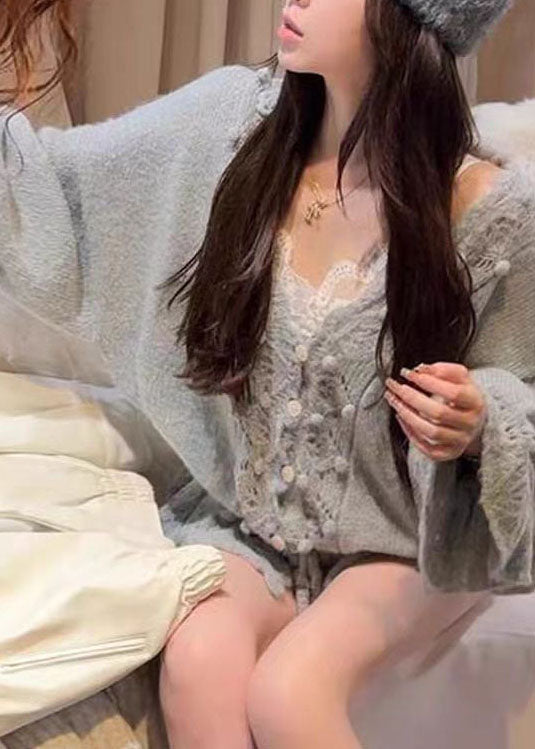 French Grey V Neck Hollow Out Drawstring Knit Top Autumn