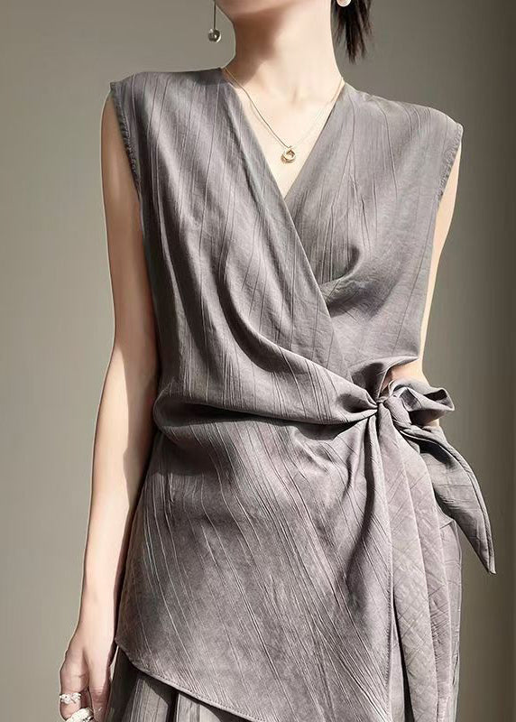 French Grey V Neck Lace Up Cotton Shirt Sleeveless