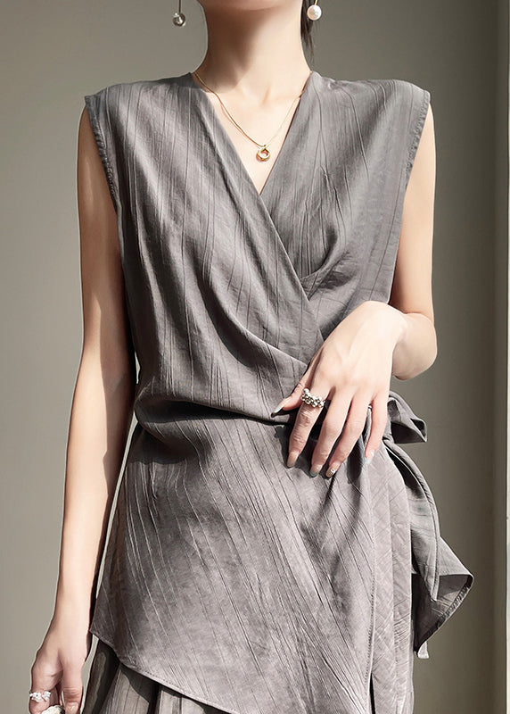 French Grey V Neck Lace Up Cotton Shirt Sleeveless