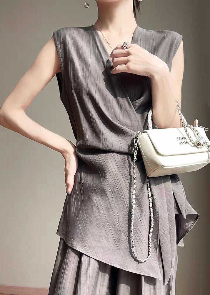 French Grey V Neck Lace Up Cotton Shirt Sleeveless