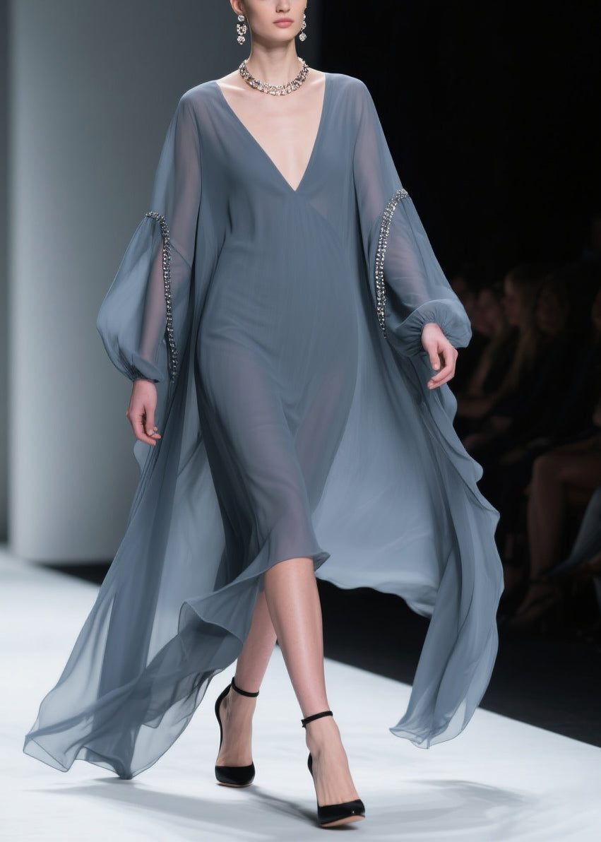 French Grey V Neck Oversized Chiffon Dress Lantern Sleeve