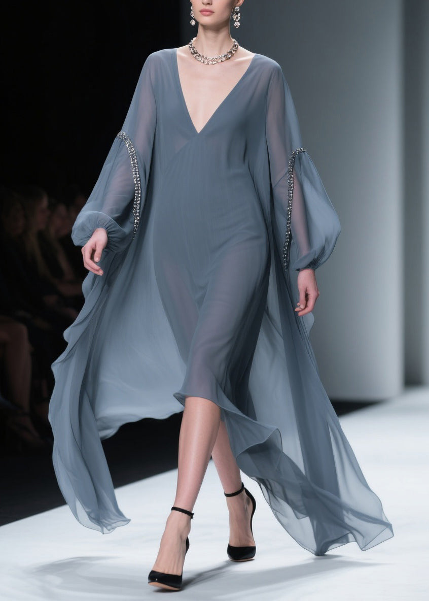 French Grey V Neck Oversized Chiffon Dress Lantern Sleeve